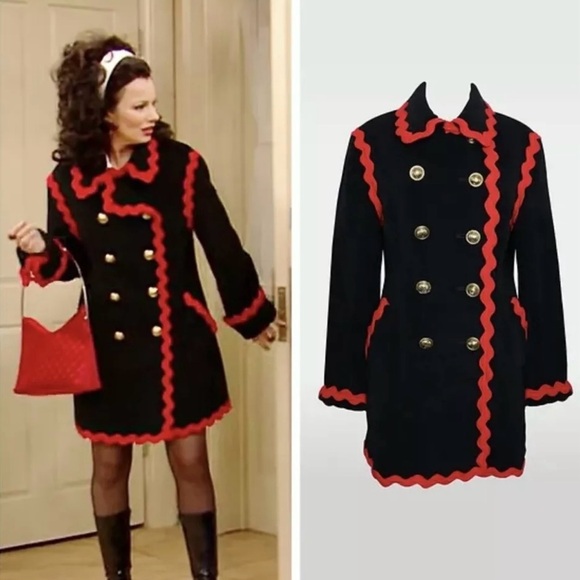 Moschino Jackets & Blazers - 90s Vintage Moschino Black Wool Coat Red Trim Fran Fine The Nanny Sz 8
